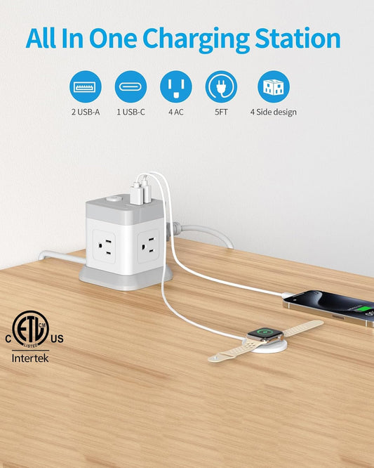 Power Bar with USB,  Flat Plug Extension Cord with 4 Outlets and 3 USB Ports, 5 FT Power Cord Desktop Charging Station, Overload Protection, Compact Portable for Travel Home Office Cruise Ship
